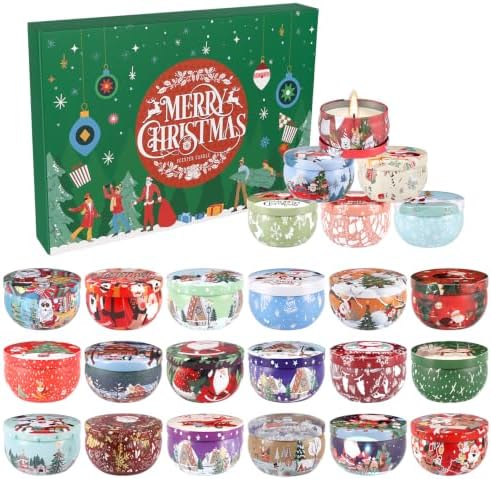 24 Days of Christmas Countdown Tin Candles, Festive Scented Soy Wax Gift Set, Holiday Aromatherapy Candles for Women, Christmas Decor