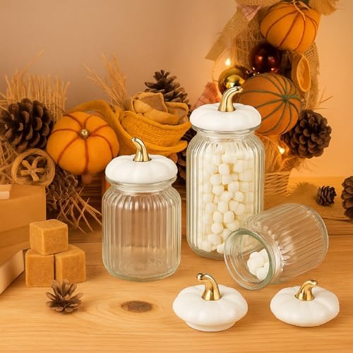 Mimorou 3 Set Pumpkin Glass Jar with Pumpkin Airtight Ceramic Lid 44 oz 33 oz 22oz Fall Clear Candy Jar Food Storage Canister for Thanksgiving Party Tea Cookie Table Decoration (White and Gold,Autumn)