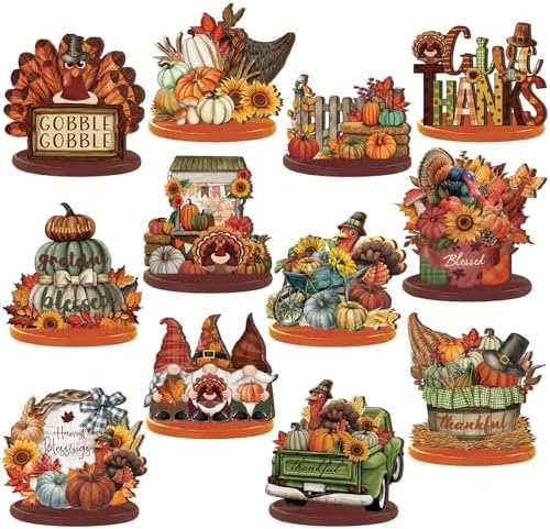Leinuosen 12 Pcs Fall Decorations for Home Wooden Turkey Decor Thanksgiving Table Decorations Fall Centerpiece Maple Leaves Pumpkin Turkey Wooden Block Sign for Harvest Party Home Tiered Tray
