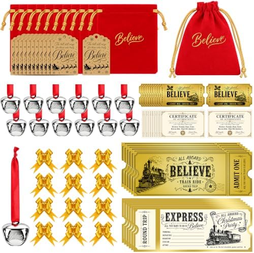 84 Pcs Christmas Believe Bell Golden Ticket Gifts Set Xmas Tree Ornaments