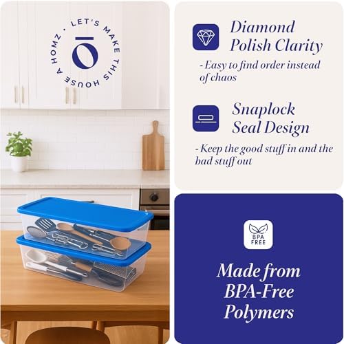 HOMZ 2-Pack Snaplock, Large Clear Plastic Storage Organizer Bins w/Lids, 41 Quart, Blue - Stackable Container Boxes for Bedroom, Bathroom, Garage, and Office Organization