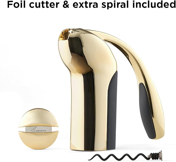 Rabbit Vertical Corkscrew Wine Opener with One-Pull Lever Design, Easy Manual Operation, Includes Foil Cutter and Durable Stainless Steel Spiral, Gold