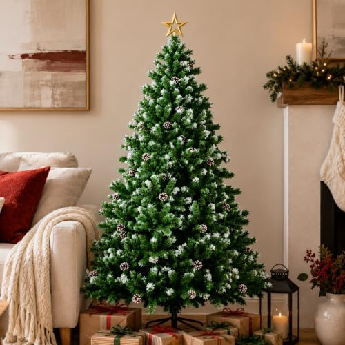 XtremepowerUS 5FT Artificial Christmas Tree, Snow Flocked Spruce Frosted Tips with Pinecones, Pre-Decorated Realistic Holiday Tree with Hinged Branches & Metal Stand for Indoor Home Christmas Décor