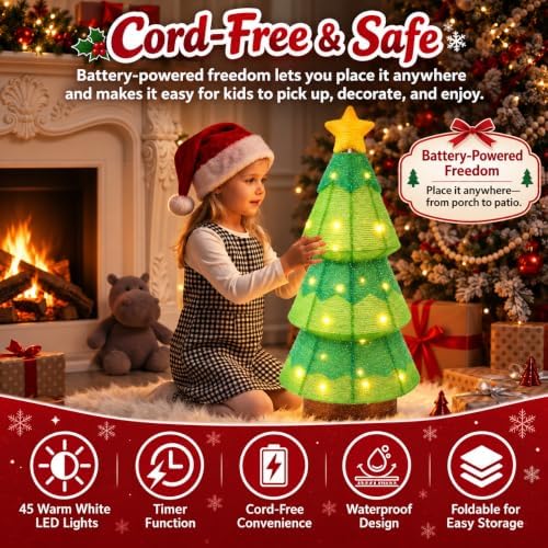 27.5-Inch Lighted Christmas Tree for Outdoor Christmas Decorations, Battery Operated Pop-Up Decor with 45 Warm White LEDs, 8 Lighting Modes, Timer, Collapsible Design for Porch, Yard and Lawn