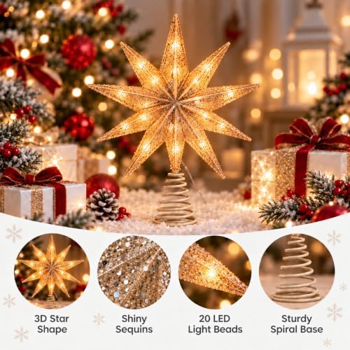 10‑Point Gold Sequin Star Christmas Tree Topper Ornament 10 Inch