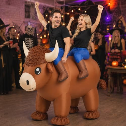 Inflatable Highland Cow Costume, 2 Person Ride-On Cow Outfit for Adults