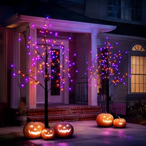 TW SHINE 2 Pack 6FT Halloween Lighted Black Birch Tree, Total 288 LED Purple and Orange Lights Artificial Spooky Tree with Timer, Waterproof Halloween Decoration for Indoor Outdoor Home Party Decor