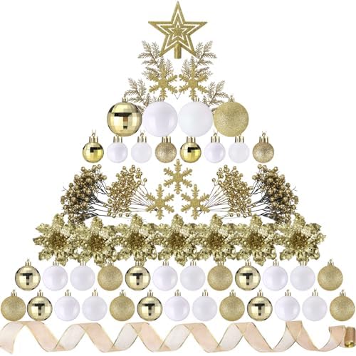 Sratte 94 Pcs Christmas Tree Ornaments Decoration Set, White, Gold