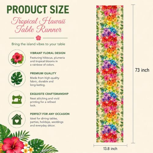 Luau Party Decorations - Tropical Hibiscus Plumeria Palm Leaf Table Runner