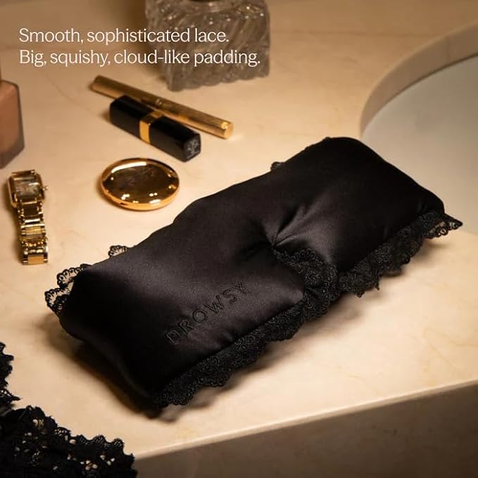 DROWSY Silk Sleep Mask. Face-Hugging, Padded Silk Cocoon for Luxury Sleep in Total Darkness, Black Lace, 1 Count (Pack of 1)
