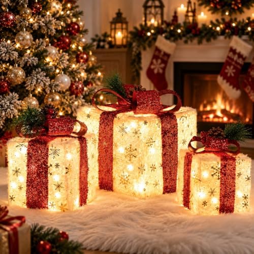 Set of 3 Lighted Boxes, Gold Snowflake Indoor Holiday Decor