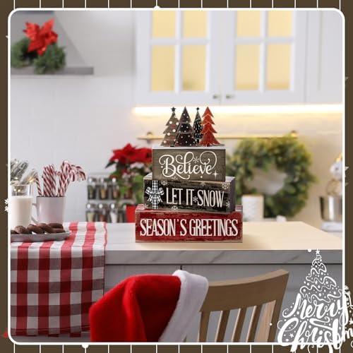 Moucuny 4 Pcs Christmas Decor Wooden Block Signs for Tiered Tray Table