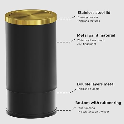 Brushed Brass Garbage can,Bathroom Trash can with lid，Modern Small Trash Can with Flipping Lid, 9 L,Garbage cans for Bathroom, Kitchen,Bedroom, Metallic Gold (Black（Double）)