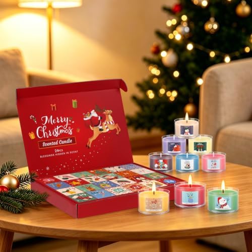 24 Days of Christmas Countdown Alex Transparent Candles, Festive Scented Soy Wax Gift Set, Holiday Aromatherapy Candles for Women, Christmas Decor