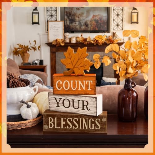 Moucuny 4 Pcs Fall Table Decoration Rustic Maple Leaf Stacked Wooden Blocks