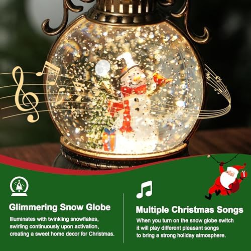 Christmas Snow Globe Lantern Water Glittering Snowman Scene with Music & Timer, USB Lined/Battery Operated Lighted Water Lantern for Christmas Festival Decoration Gifts