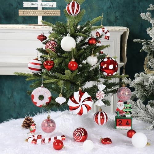 105Ct Red and White Christmas Ornaments Set Shatterproof Candy Cane Theme Decorations for Xmas Tree, Donut Polka Dot Assorted Ornaments for Holiday Festival Family Decor (Red&White)