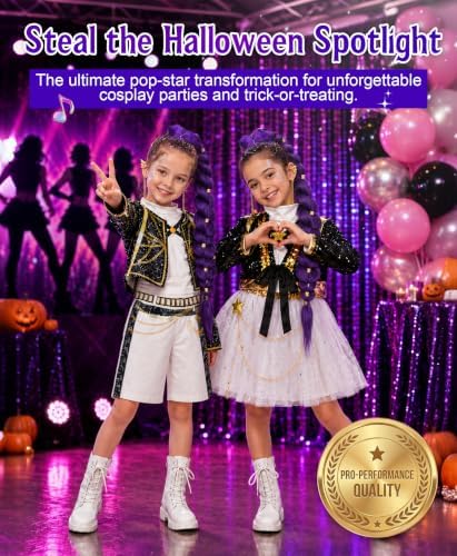 Girls Halloween Costume, Pop Singer Costume, Sequin Jackets Skirts with Purple Braid for Birthday Party, 4-12 Years