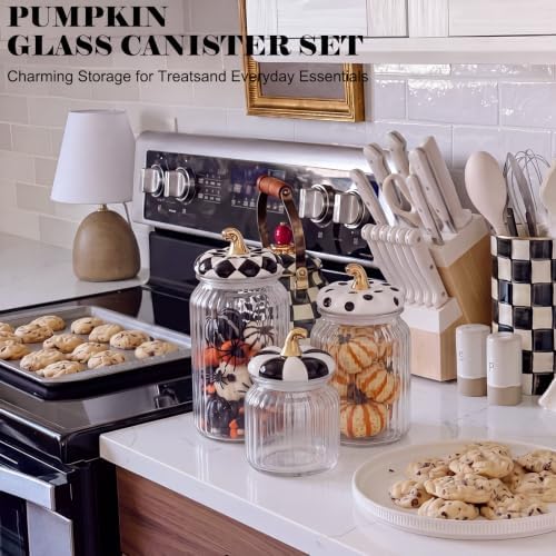 Mimorou 3 Set Halloween Glass Jar with Pumpkin Lid Black and White Boo Clear Candy Jar Food Storage Canister with Airtight Ceramic Lid for Halloween Party Tea Cookie Table Decoration