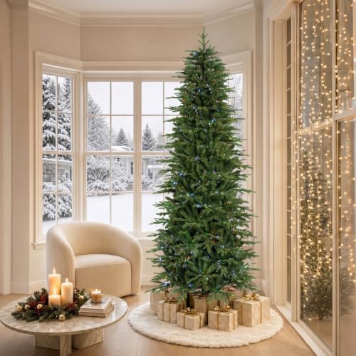 Glitzhome Prelit Artificial Christmas Tree, 9ft Realistic Christmas Tree Radiant Slim Evergreen with 1,850 Warm White & Multi-Color Chasing and Twinkling Lights, 9 Function w/Foot Pedal, Simple Setup