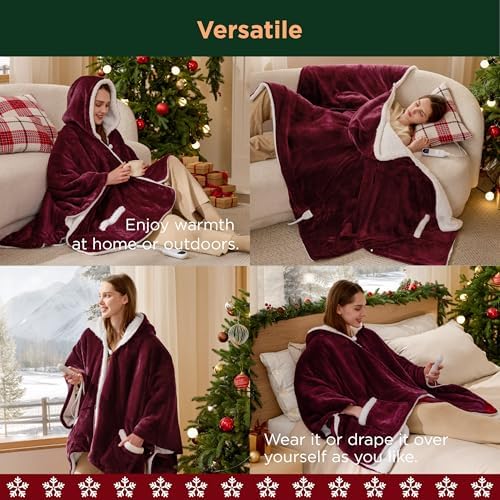 Bedsure Wearable Heated Blanket Hoodie Shawl, Preheat, 55"x64", Burgundy