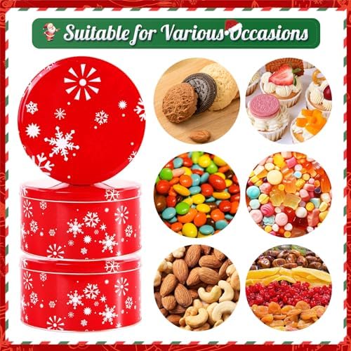 6Pieces Christmas Cookie Tins, 6.5Inch Round Cookie Containers, Empty Metal Cookie Tins with Lids for Christmas Holiday Gift Giving