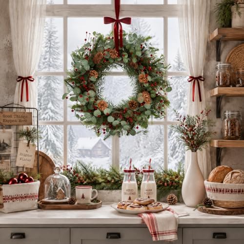 Christmas Wreath 24 Inch Christmas Wreaths for Front Door Xmas Red Berry Wreath with Green Eucalyptus Leaves Pine Cones Red Berries for Wall Window Porch Xmas Holiday Winter Decorations