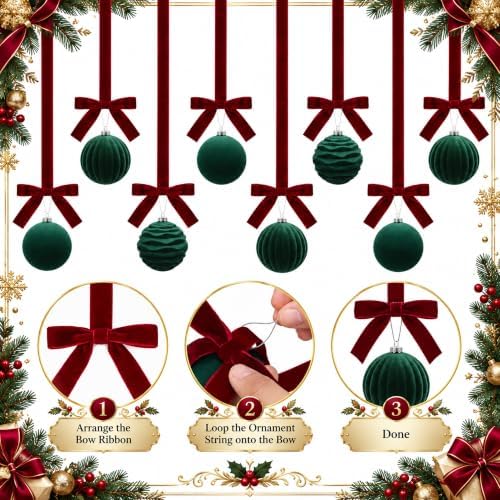 16 Sets Green Velvet Christmas Ball Ornaments with Bow Ribbon, 35" Long
