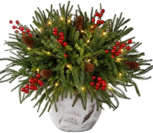 24 Piece Set: 12Pcs Norfolk Pine Branches with LED Lights, Red Berries