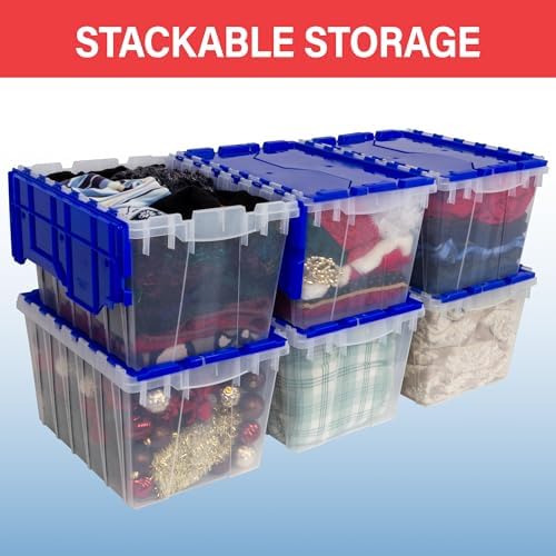 Akro-Mils 66497RDGRN 18 Gallon Plastic Stackable Storage KeepBox Tote Container with Hinged Attached Lid, 21-Inch L x 15-Inch W x 17-Inch H, Red/Green
