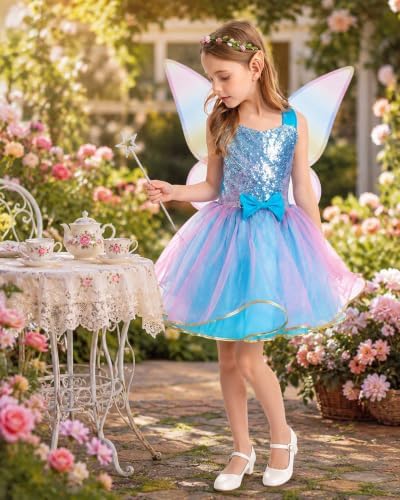 JoyRapt Fairy Costume Dress for Girls 3-10, Fairy Princess Pink Tutu Outfits Butterfly Wings Wand Headband Halloween Gifts