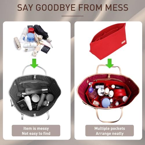 Doxo Purse Organizer Insert for Handbags & Base Shaper 2pc Set, Felt Neverfull GM Organizer Insert, Tote Bag Organizer with Zipper Pocket and Bottle Holder, Fit Neverfull GM and More, Red-XL