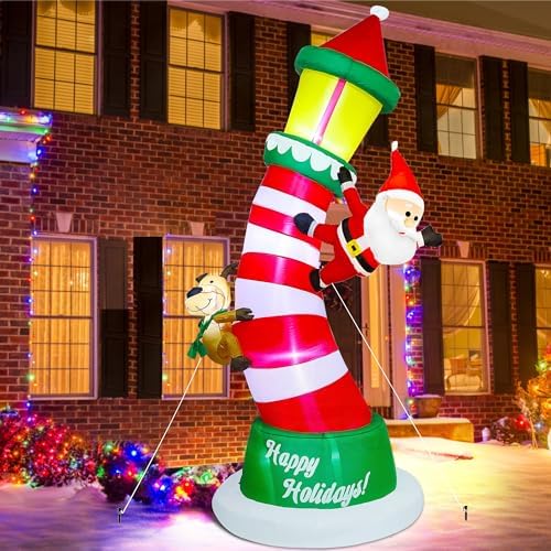 Lulu Home 9FT Christmas Inflatable, Giant Lighthouse with Santa & Reindeer