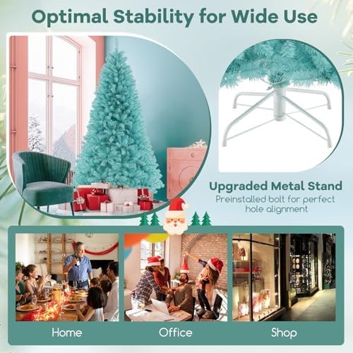 HAPPYGRILL 7 FT Pre-lit Artificial Christmas Tree Blue Hinged Xmas Tree with 1040 Branch Tips, 380 Warm White LED Lights & Folding Metal Stand, Pre-Lit Holiday Decoration Tree for Home Office