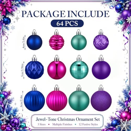 Lunmon 64 Pcs Christmas Ball Ornaments Blue Purple Hot Pink Teal Xmas Bulbs Ornament 1.6/1.97/2.4 Inch Plastic Hanging Decoration Assorted Size Christmas Decorations for Tree Home Wreath Party Decor