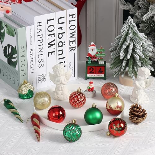 124Ct Red Green and Gold Christmas Ornaments Set, Luxury Shatterproof Assorted Christmas Decorations for Xmas Tree Snowflake Icicle House Ball Ornaments Baubles for Holiday Decor（Red Green Gold）