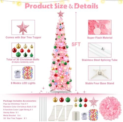 N&T NIETING Pop Up Christmas Tree with Lights & 30 Balls, 5Ft Collapsible Pink Tinsel Tree Decorations for Holiday Home Office Decor, Pink