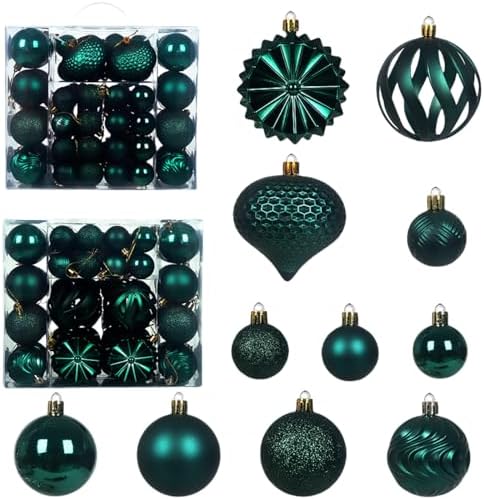 Christmas Tree Balls Ornaments Set, 48 Pcs Shatterproof Plastic Decorative Baubles Shiny Hanging Ball Ornaments for Xmas Tree Holiday Party Wedding Decoration, Dark Green