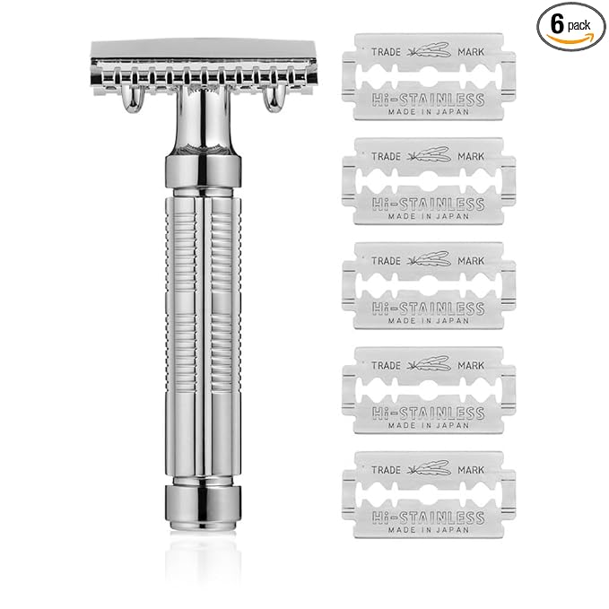 Mr. Fine Premium Double Edge Safety Razor for Wet Shaving, Single Blade Razor, Close Shave, Open-Comb Guard, 100% Metal w/Stainless Steel Core, 5 Feather Blades