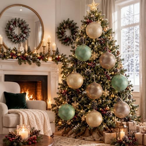6 Pcs 6 Inch Large Christmas Ornaments Champagne Bronze Green