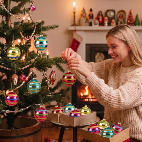 Soulchen 6 Pcs Vintage Glass Christmas Ornaments 4 Inch Retro Balls