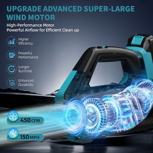 Leaf Blower, Leaf Blower Cordless with 2 * 2.6AH Batteries and Fast Charger, 450CFM &150MPH and 2 Speed Mode, Lightweight Electric Leaf Blowers for Lawn, Yard, Leaves, Dust Care