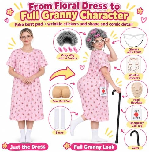 Old Lady Costume for Women, Grandma Dress Up Set for Halloween