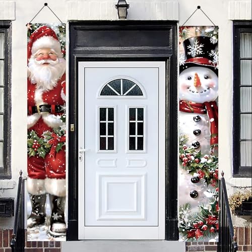 2PCS Christmas Porch Banner Decorations 71 x 12 Inch Santa and Snowman Hanging Sign Outdoor Vertical Front Door Holiday Banner for Winter Yard Party Home Wall Entryway Decor