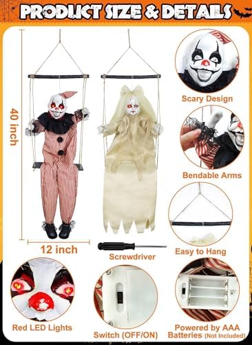 2 Pack Hanging Halloween Decorations Outdoor Swinging Clown & Girl Ghost