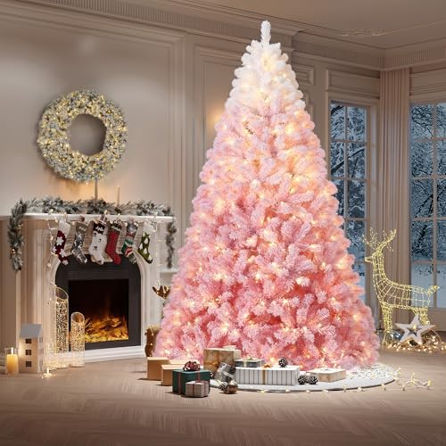 GarveeHome 6 ft Prelit Artificial Christmas Tree with 250 RGB & Warm White Lights, Pre-Lit Snow Flocked Christmas Tree, Foldable Base,Holiday Decoration for Home, Office, Party,Pink Gradient