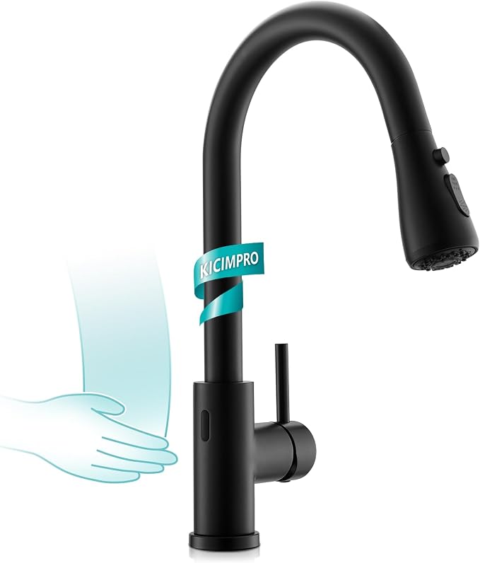 Kicimpro Black Touchless Kitchen Faucet with Pull Down Sprayer Single Handle, Side Motion Sensor Kitchen Touchless Faucet with Water Lines, Two Modes Matte Black Touchless Faucet for Kitchen Sink