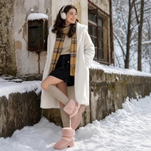 Furry Winter Boots for Women Block Heels Platform Buckle Slip On