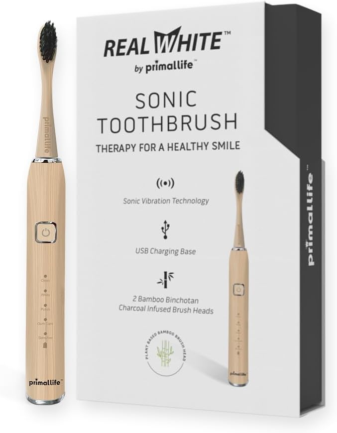Primal Life Organics - New Real White Sonic Vibration Toothbrush, Bamboo Charcoal Infused Brush, eco-Friendly, Non-GMO