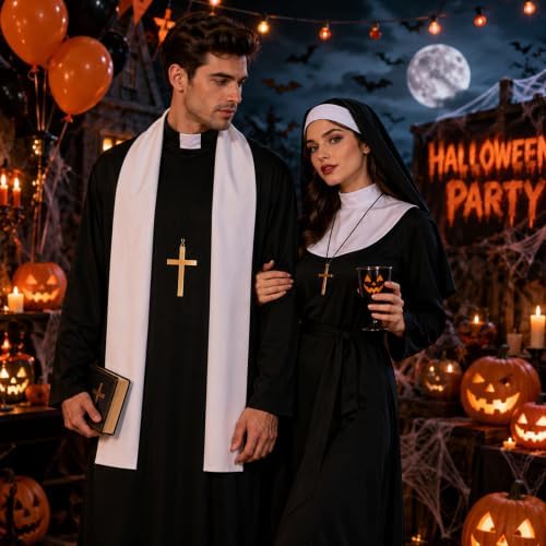 Priest and Nun Couple Costume for Adults Include Robes Stole Socks Glasses Necklaces for Halloween Dress Up